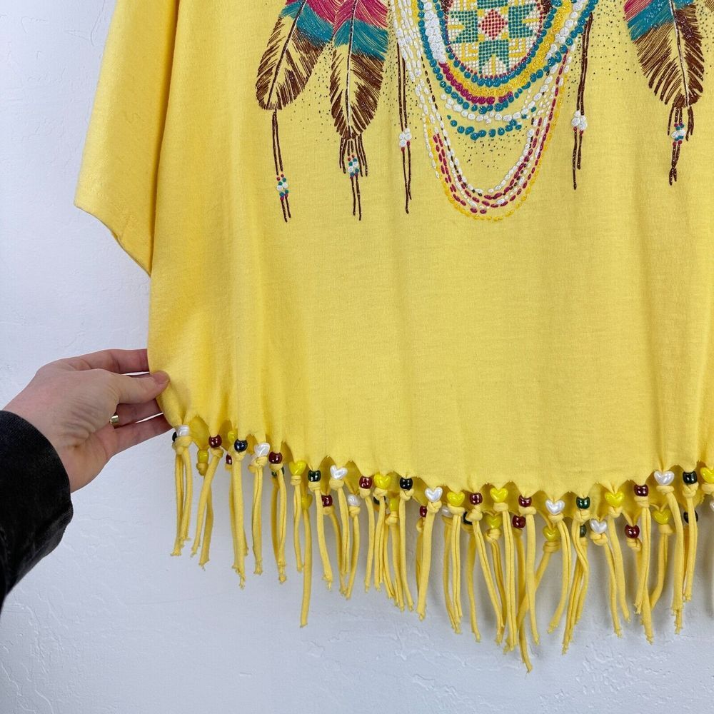Vtg Brooks Top‎ Womens M Yellow Crop Feather Fringe Beaded Boho Distressed - Picture 5 of 7